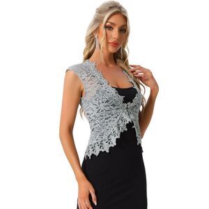 Floral Lace Shrug Wedding Guest Cap Sleeve Sheer Bolero Cardigan Grey